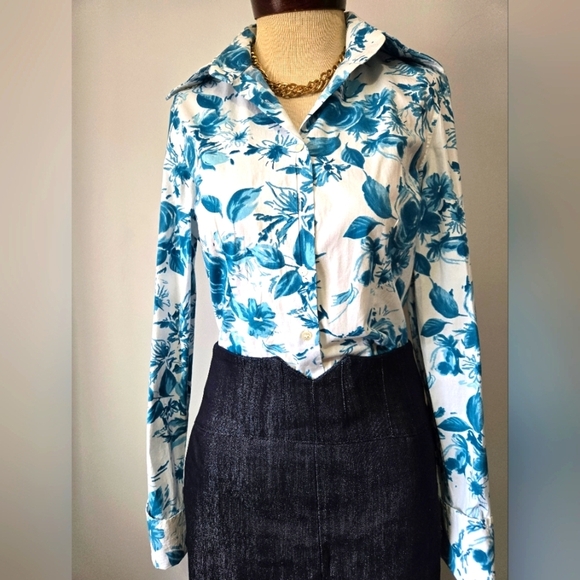 HAWKES & CURTIS London Hipster Floral White and Blue Women's Dress Shirt.Size 8 - Picture 1 of 12